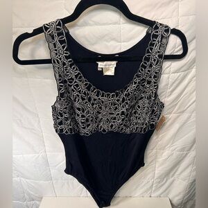 Escada bodysuit top navy blue and silver bling glam size 8